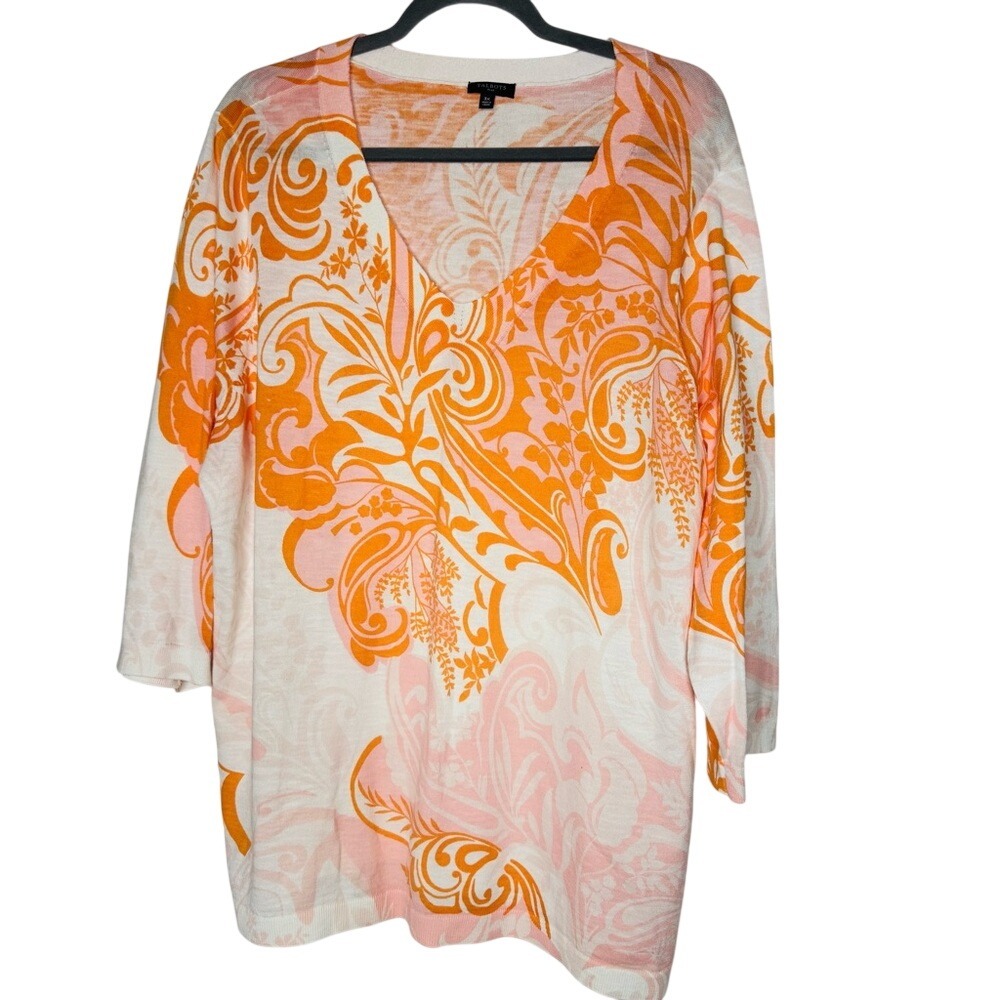Talbots Womens Slub Cotton V Neck Paisley Lightweight Soft Sweater Sz 3X Coastal